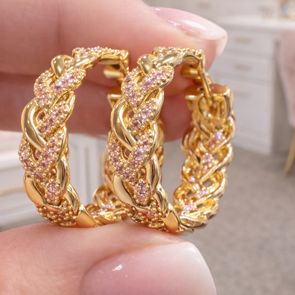 18k Gold Hoop Earrings With A Braided Design And Pink Cz Stones